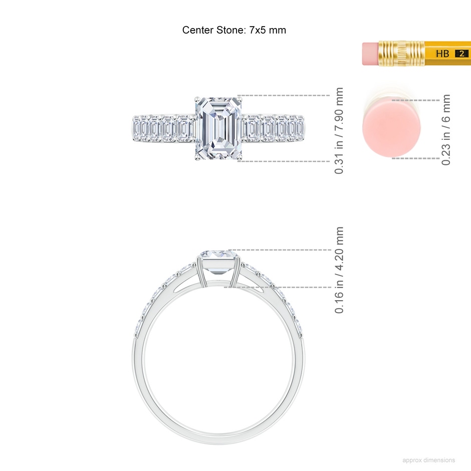 7x5mm FGVS Lab-Grown Emerald-Cut Diamond Ring with Accents in White Gold ruler