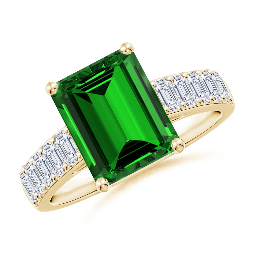 10x8mm Labgrown Lab-Grown Emerald-Cut Emerald Ring with Diamond Accents in Yellow Gold
