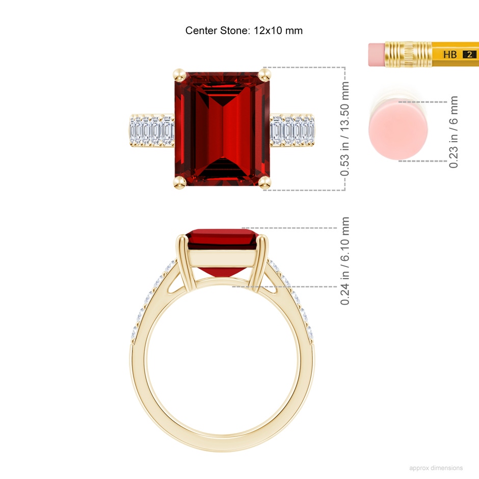 12x10mm Labgrown Lab-Grown Emerald-Cut Ruby Ring with Diamond Accents in Yellow Gold ruler
