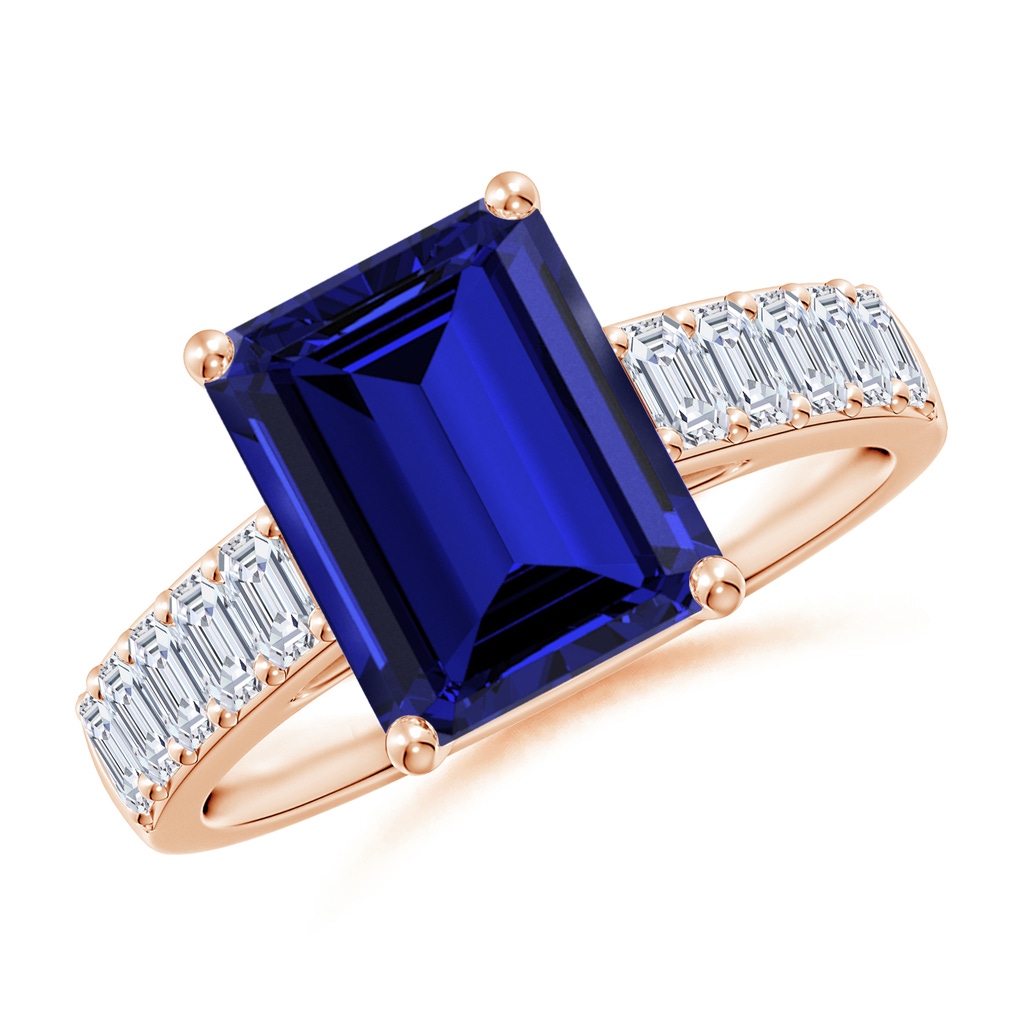 10x8mm Labgrown Lab-Grown Emerald-Cut Blue Sapphire Ring with Diamond Accents in Rose Gold