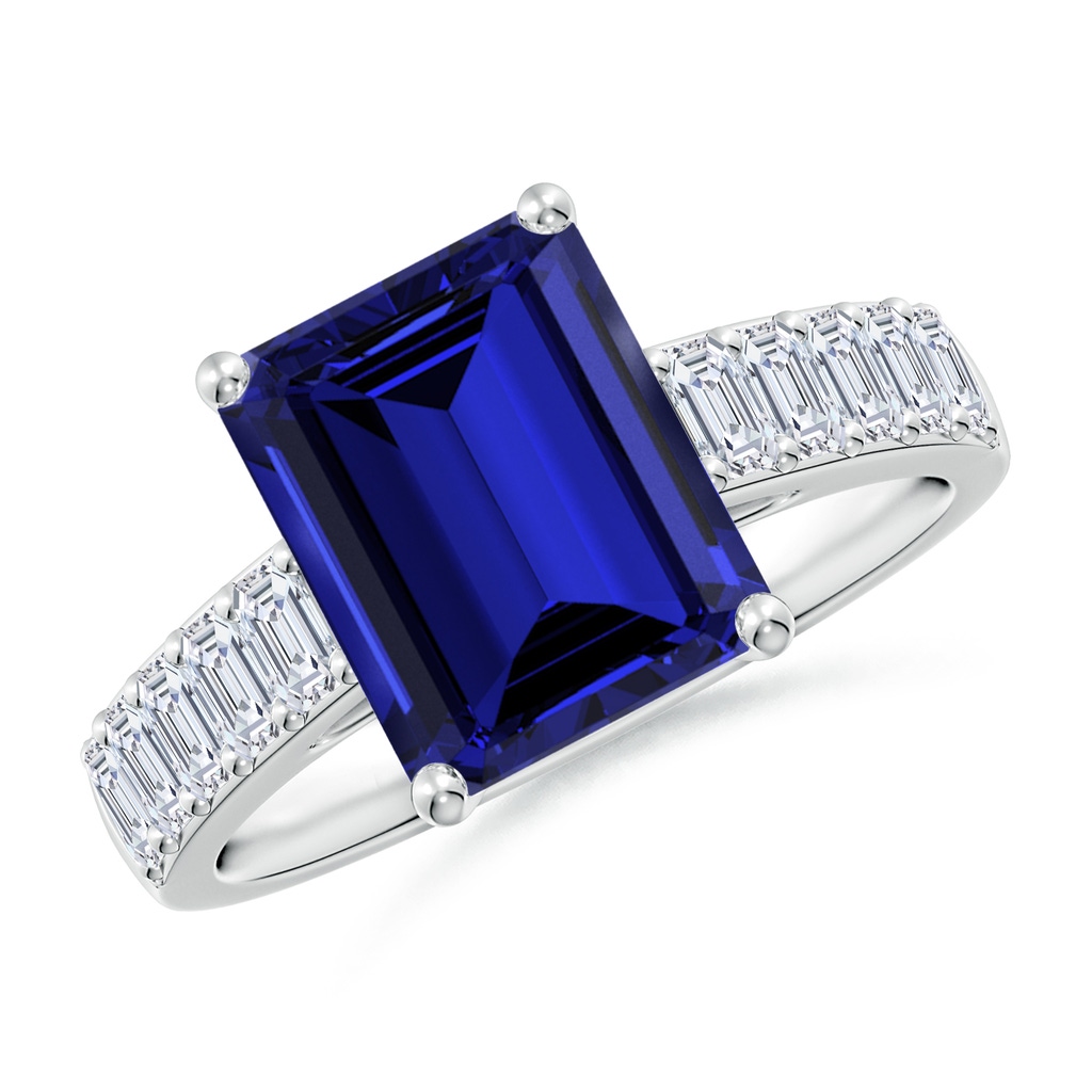 10x8mm Labgrown Lab-Grown Emerald-Cut Blue Sapphire Ring with Diamond Accents in S999 Silver