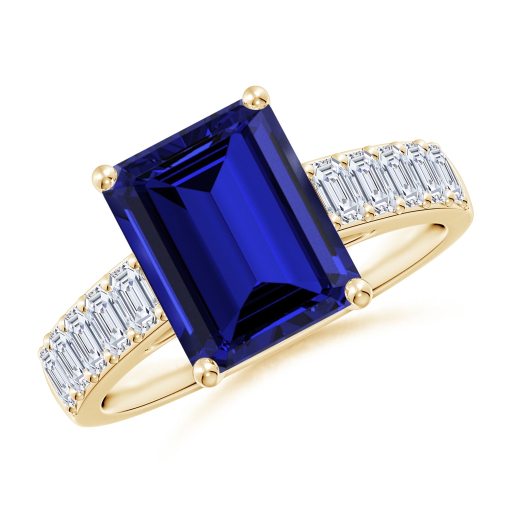 10x8mm Labgrown Lab-Grown Emerald-Cut Blue Sapphire Ring with Diamond Accents in Yellow Gold