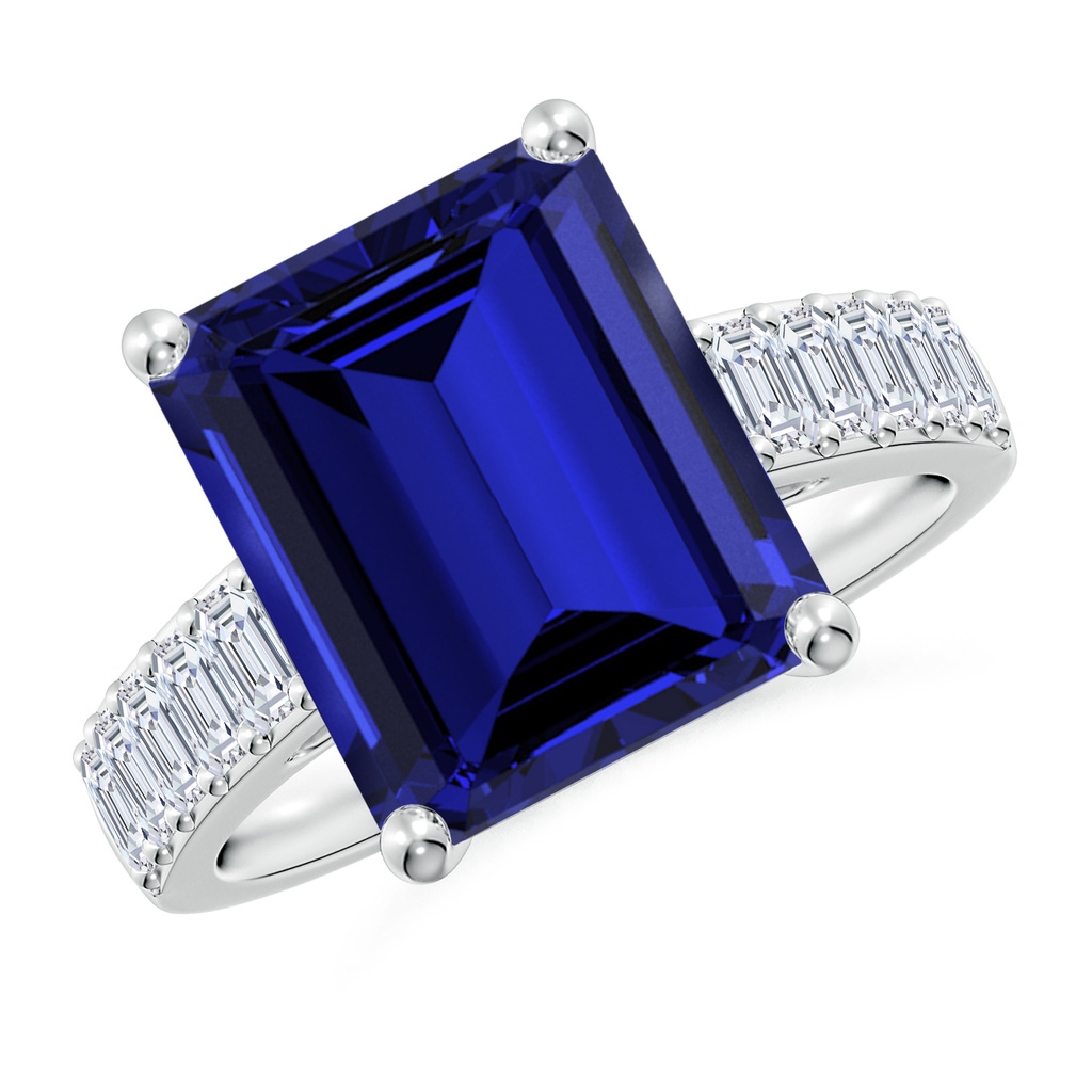 12x10mm Labgrown Lab-Grown Emerald-Cut Blue Sapphire Ring with Diamond Accents in White Gold