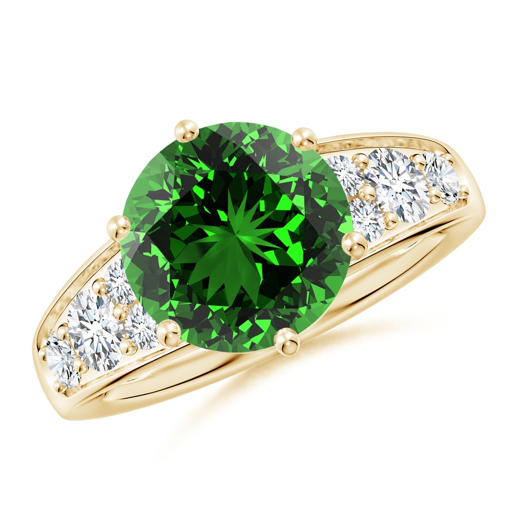 10mm Labgrown Lab-Grown Round Emerald Engagement Ring with Lab Diamonds in Yellow Gold