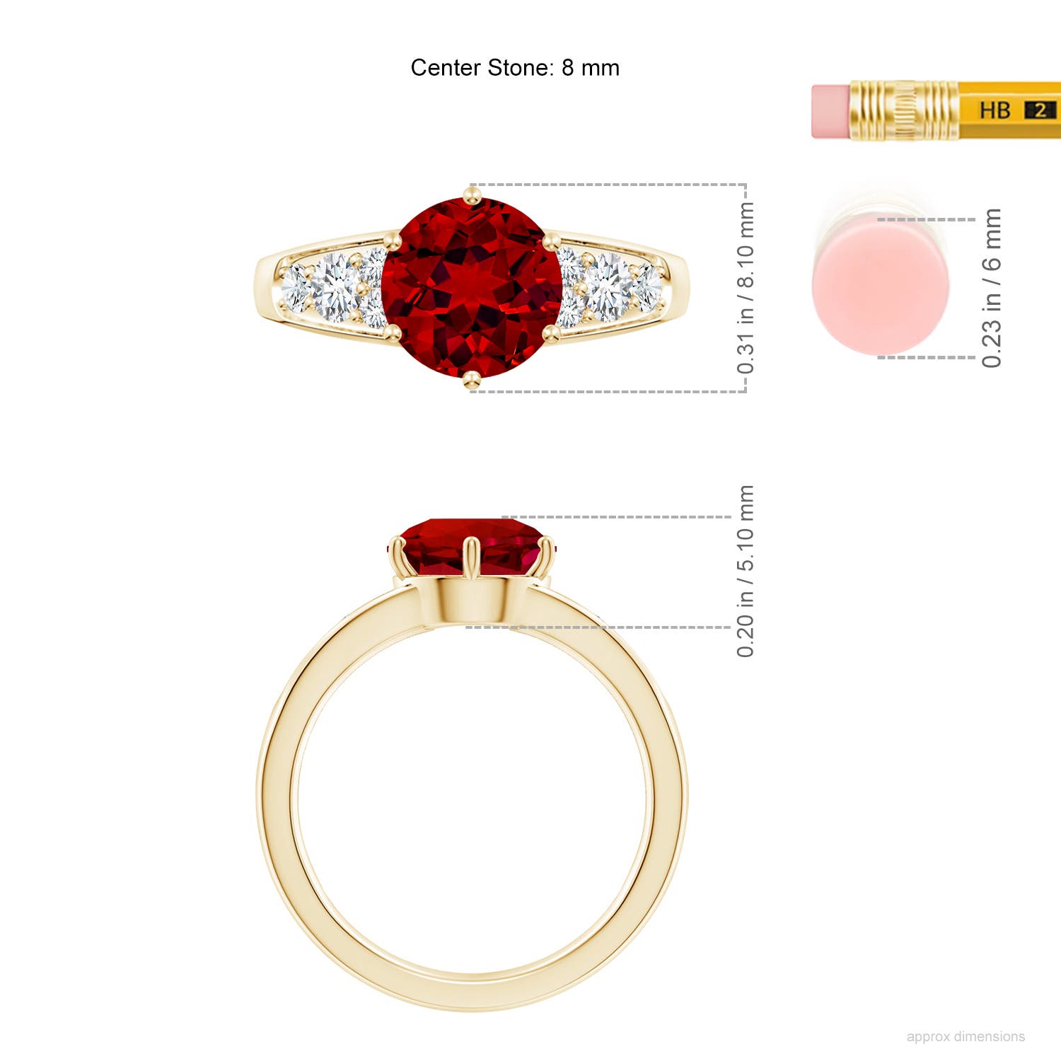 8mm Labgrown Lab-Grown Round Ruby Engagement Ring with Lab Diamonds in Yellow Gold - ruler