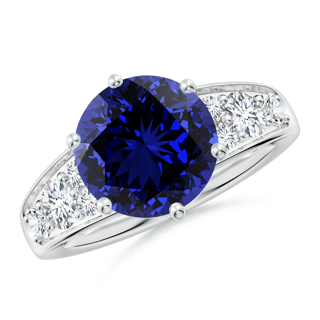 10mm Labgrown Lab-Grown Round Blue Sapphire Engagement Ring with Lab Diamonds in S999 Silver