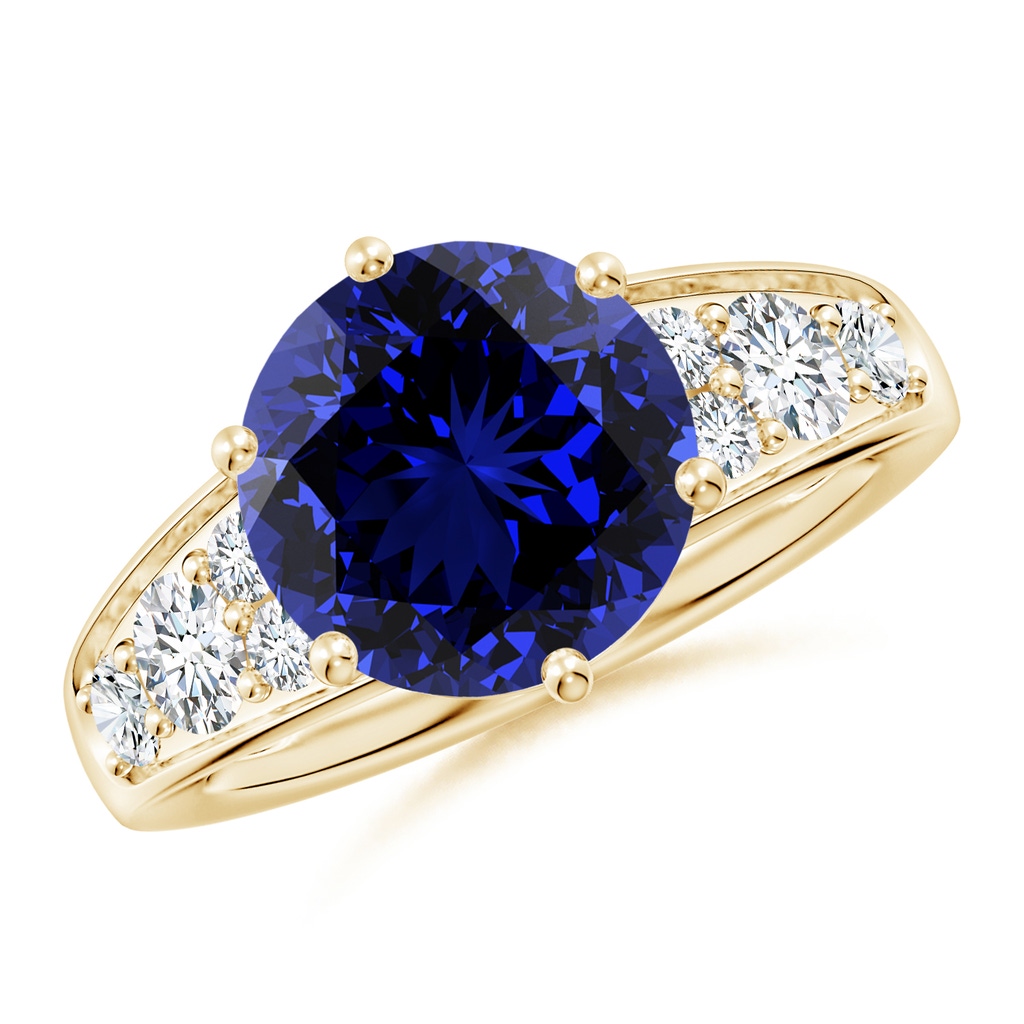 10mm Labgrown Lab-Grown Round Blue Sapphire Engagement Ring with Lab Diamonds in Yellow Gold