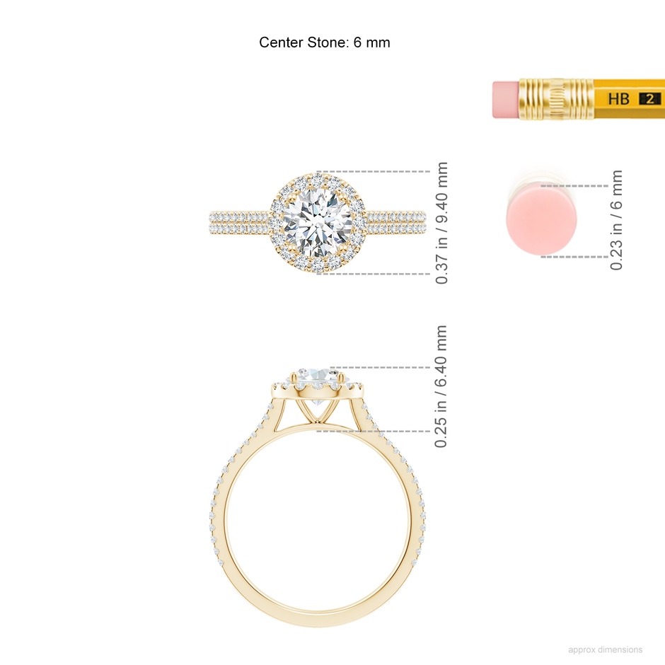 6mm FGVS Lab-Grown Round Diamond Halo Ring with Accents in Yellow Gold ruler