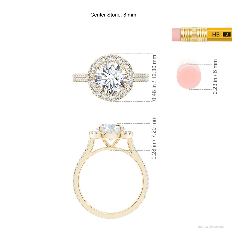8mm FGVS Lab-Grown Round Diamond Halo Ring with Accents in Yellow Gold ruler
