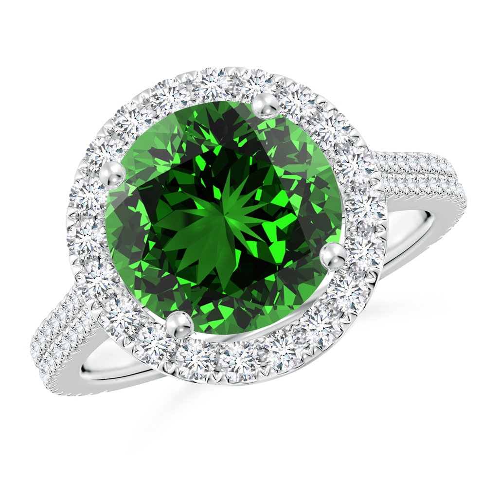 10mm Labgrown Lab-Grown Round Emerald Halo Ring with Diamond Accents in S999 Silver