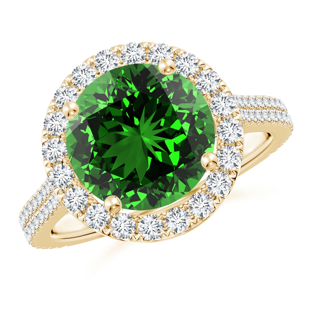 10mm Labgrown Lab-Grown Round Emerald Halo Ring with Diamond Accents in Yellow Gold