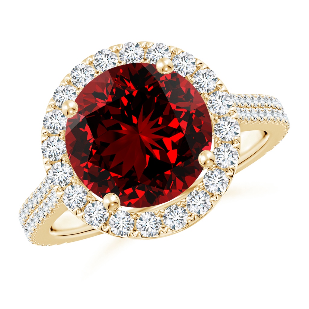 10mm Labgrown Lab-Grown Round Ruby Halo Ring with Diamond Accents in Yellow Gold