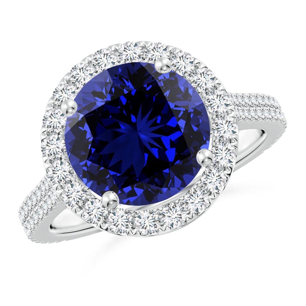 10mm Labgrown Lab-Grown Round Blue Sapphire Halo Ring with Diamond Accents in S999 Silver