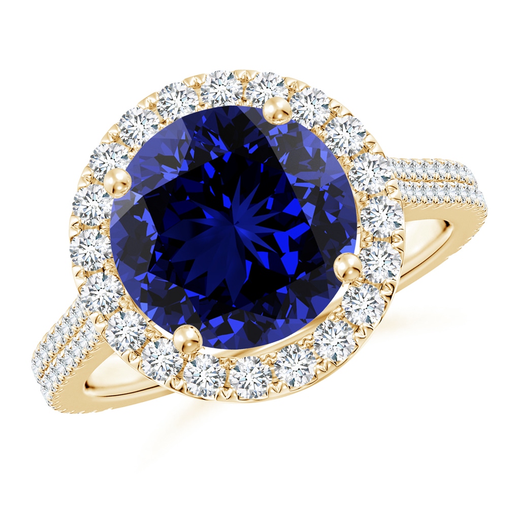 10mm Labgrown Lab-Grown Round Blue Sapphire Halo Ring with Diamond Accents in Yellow Gold