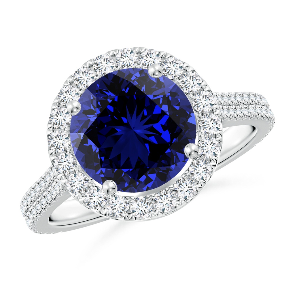 9mm Labgrown Lab-Grown Round Blue Sapphire Halo Ring with Diamond Accents in White Gold