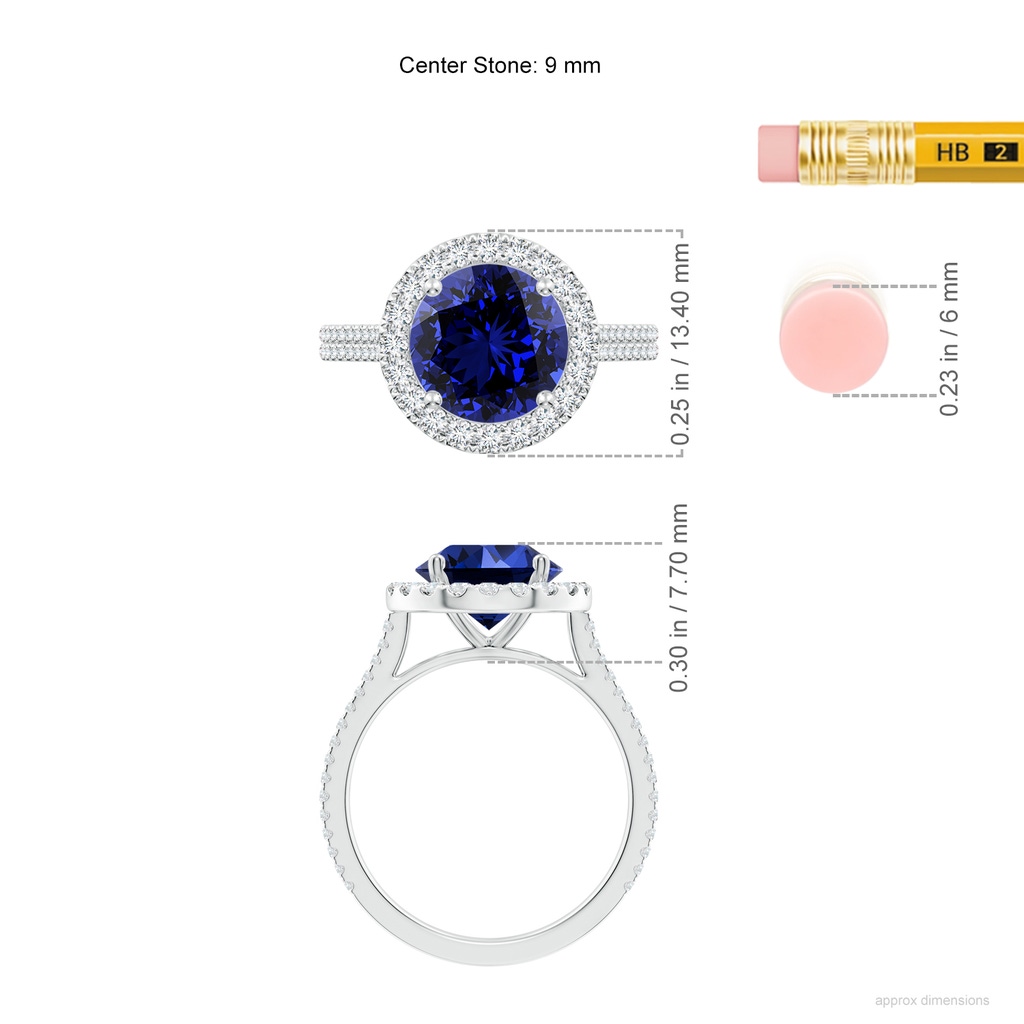 9mm Labgrown Lab-Grown Round Blue Sapphire Halo Ring with Diamond Accents in White Gold ruler