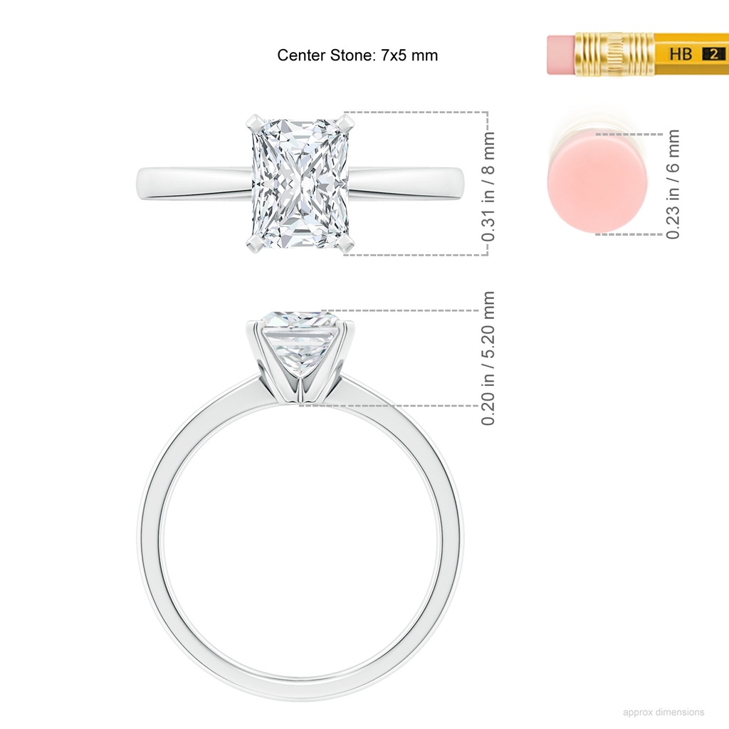 7x5mm FGVS Lab-Grown Radiant-Cut Diamond Reverse Tapered Shank Solitaire Engagement Ring in P950 Platinum ruler
