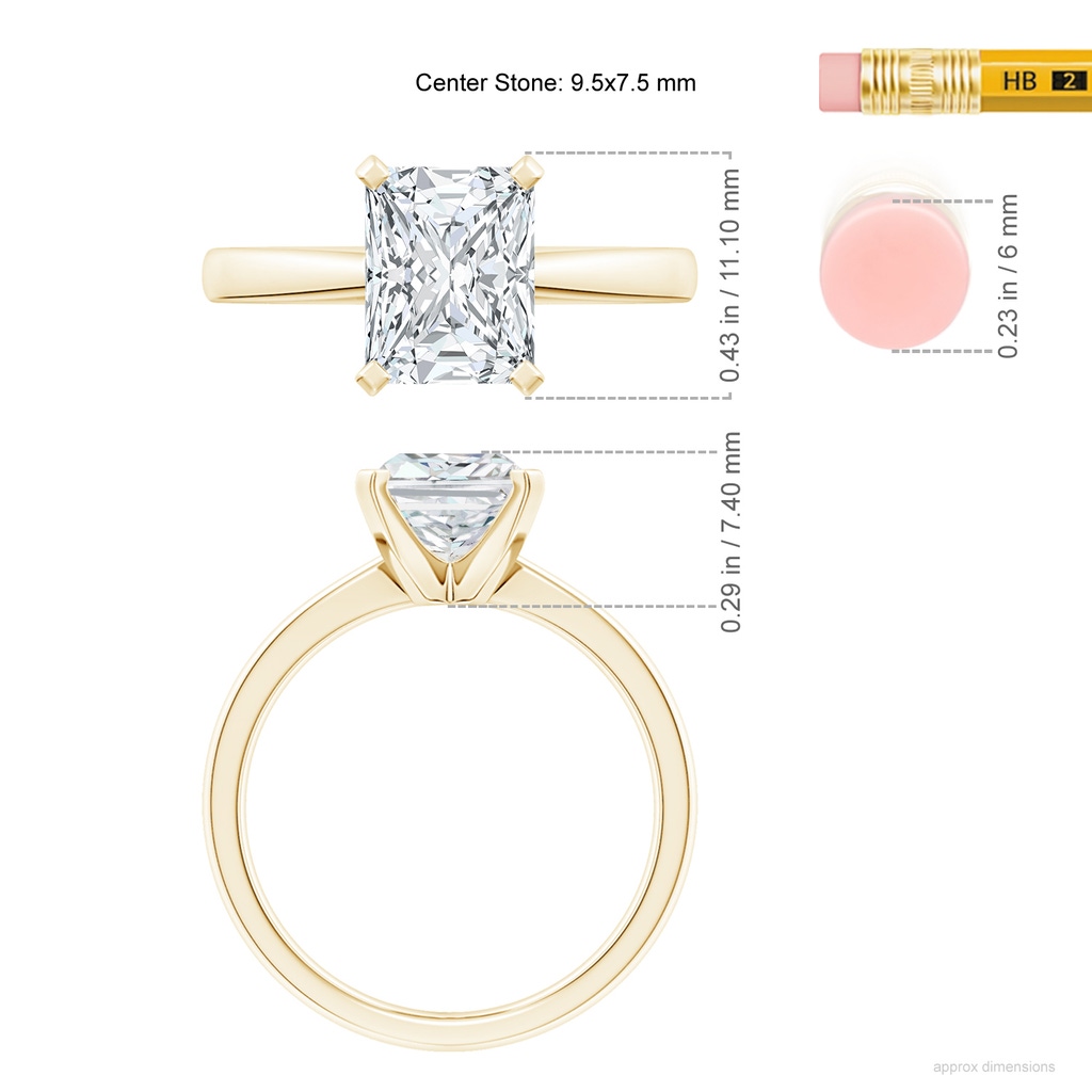 9.5x7.5mm FGVS Lab-Grown Radiant-Cut Diamond Reverse Tapered Shank Solitaire Engagement Ring in 10K Yellow Gold ruler