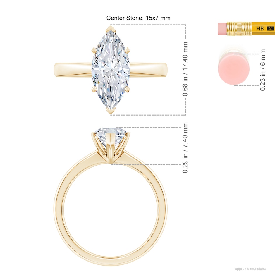 15x7mm FGVS Lab-Grown Marquise Diamond Reverse Tapered Shank Solitaire Engagement Ring in Yellow Gold ruler