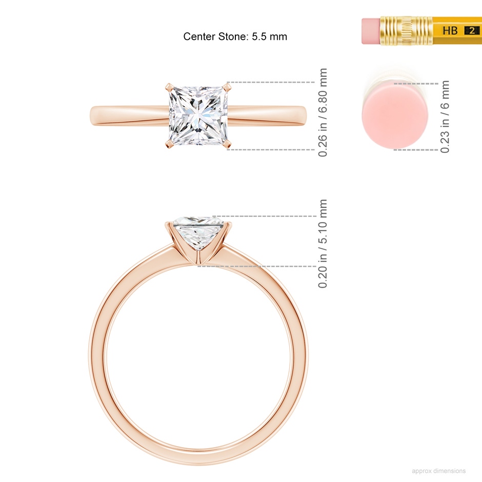 5.5mm FGVS Lab-Grown Princess-Cut Diamond Reverse Tapered Shank Solitaire Engagement Ring in 9K Rose Gold ruler