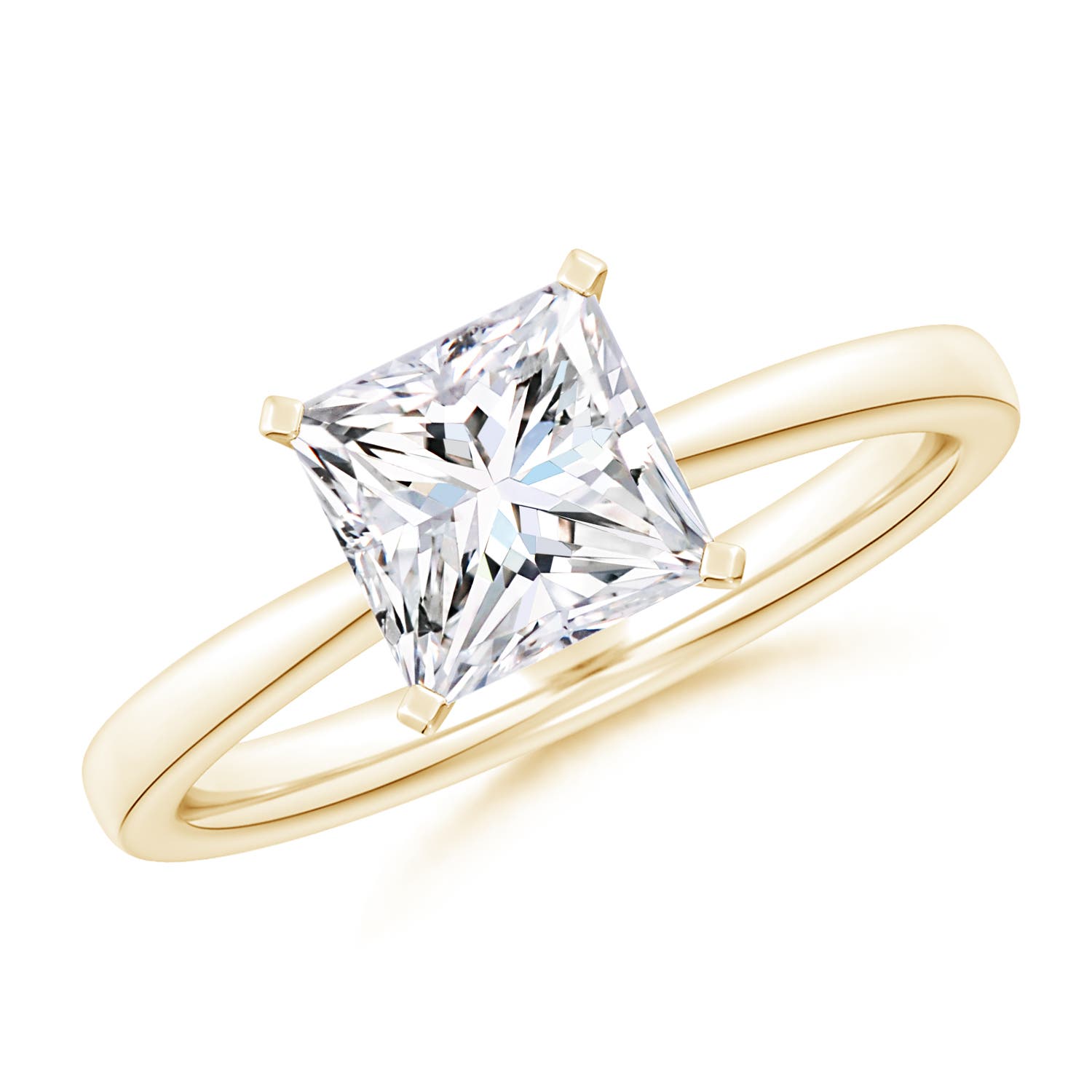 6.8mm FGVS Lab-Grown Princess-Cut Diamond Reverse Tapered Shank Solitaire Engagement Ring in Yellow Gold