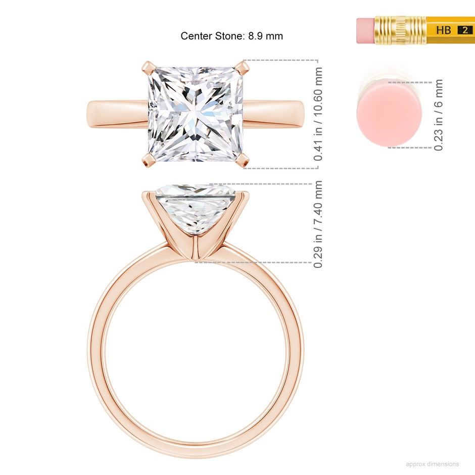 8.9mm FGVS Lab-Grown Princess-Cut Diamond Reverse Tapered Shank Solitaire Engagement Ring in 18K Rose Gold ruler