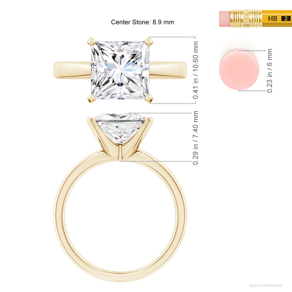 8.9mm FGVS Lab-Grown Princess-Cut Diamond Reverse Tapered Shank Solitaire Engagement Ring in Yellow Gold ruler