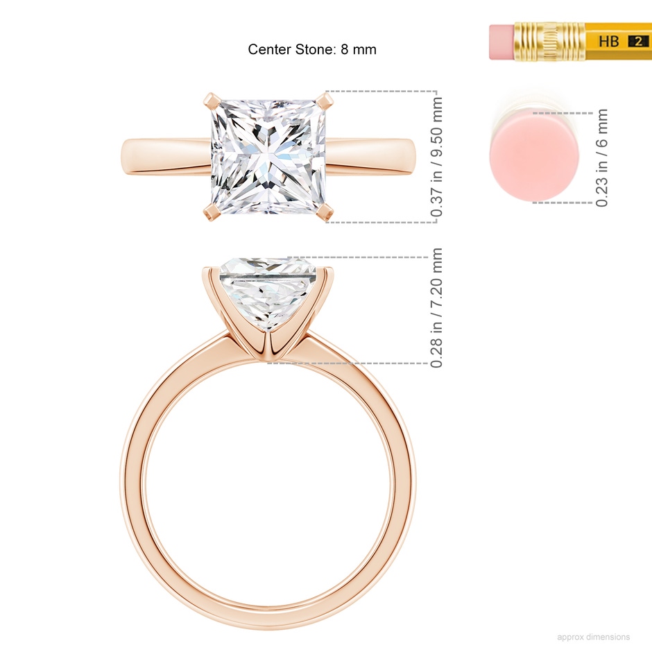 8mm FGVS Lab-Grown Princess-Cut Diamond Reverse Tapered Shank Solitaire Engagement Ring in 18K Rose Gold ruler