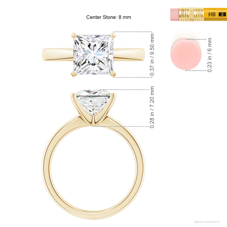 8mm FGVS Lab-Grown Princess-Cut Diamond Reverse Tapered Shank Solitaire Engagement Ring in 18K Yellow Gold ruler
