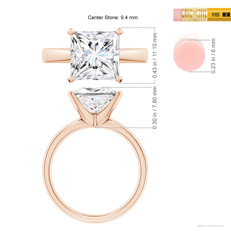 9.4mm FGVS Lab-Grown Princess-Cut Diamond Reverse Tapered Shank Solitaire Engagement Ring in 18K Rose Gold ruler