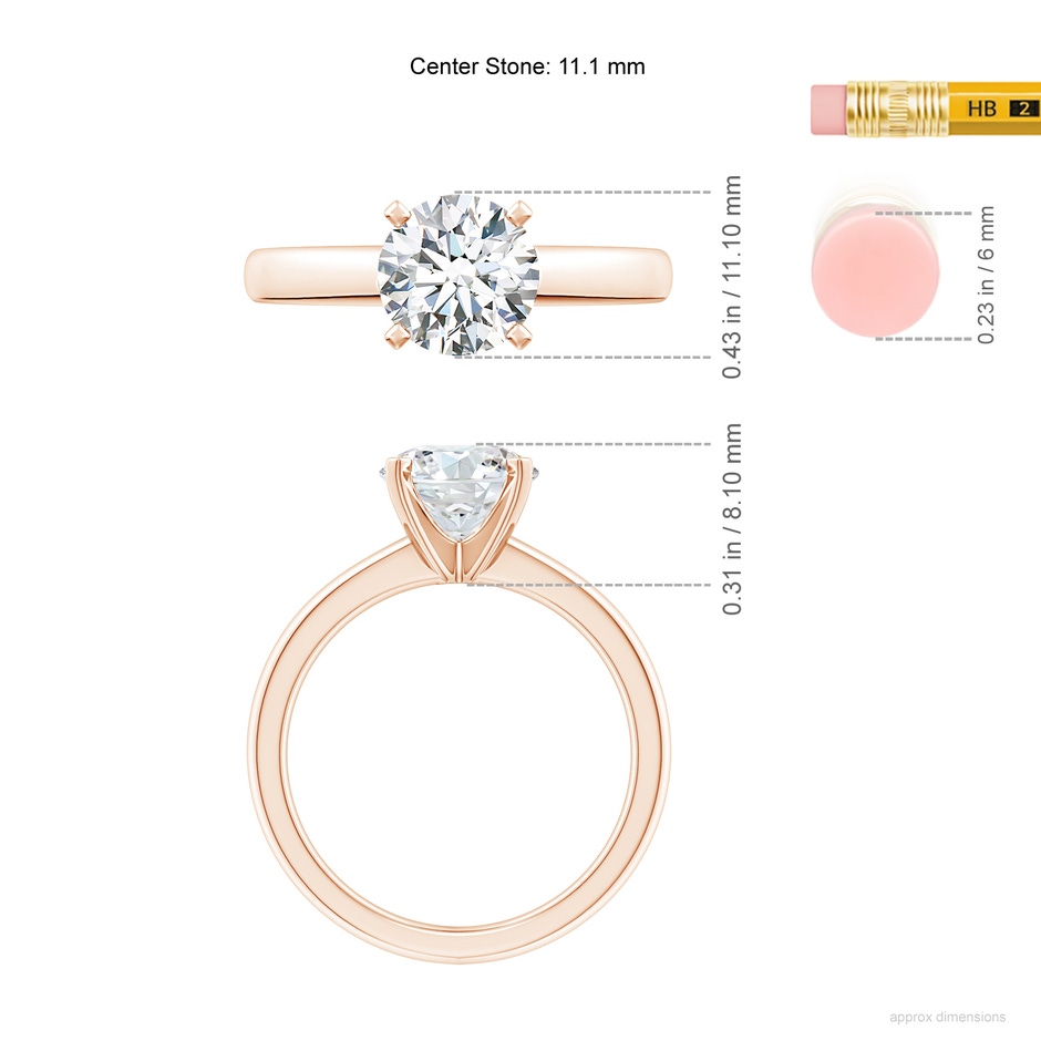 11.1mm FGVS Lab-Grown Solitaire Round Diamond Tapered Shank Engagement Ring in Rose Gold ruler