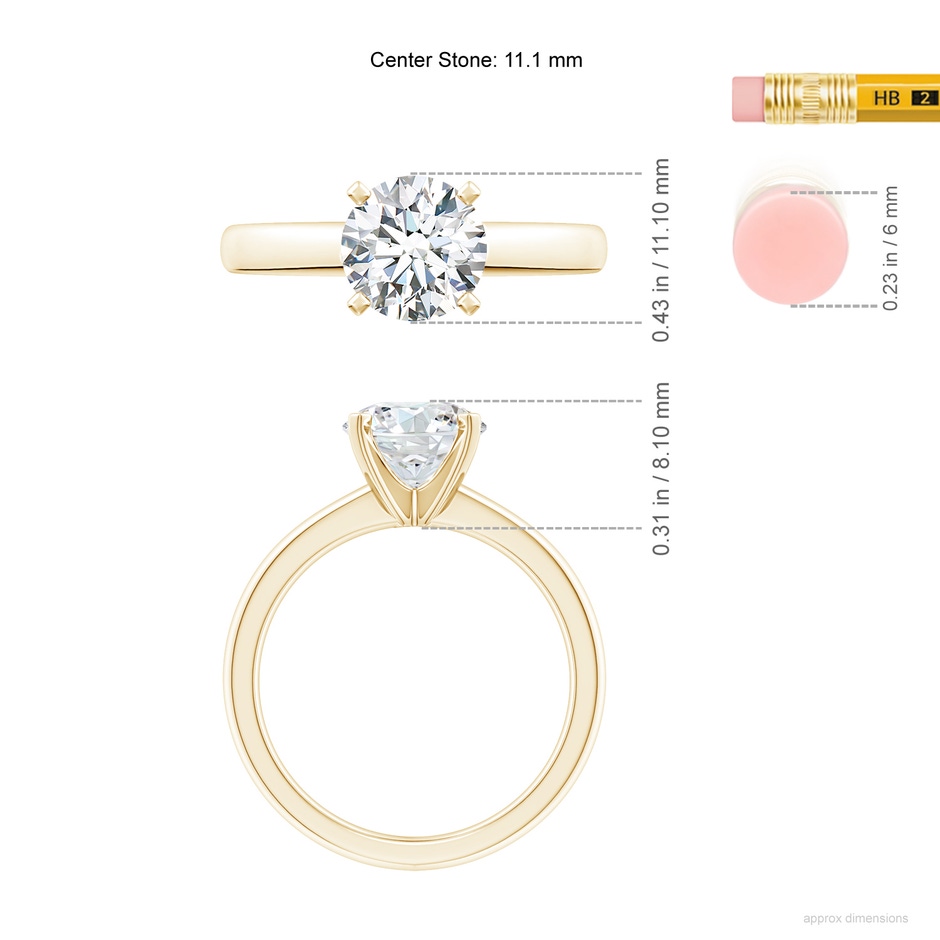 11.1mm FGVS Lab-Grown Solitaire Round Diamond Tapered Shank Engagement Ring in Yellow Gold ruler