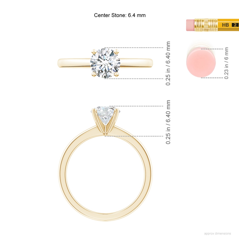 6.4mm FGVS Lab-Grown Solitaire Round Diamond Tapered Shank Engagement Ring in Yellow Gold ruler