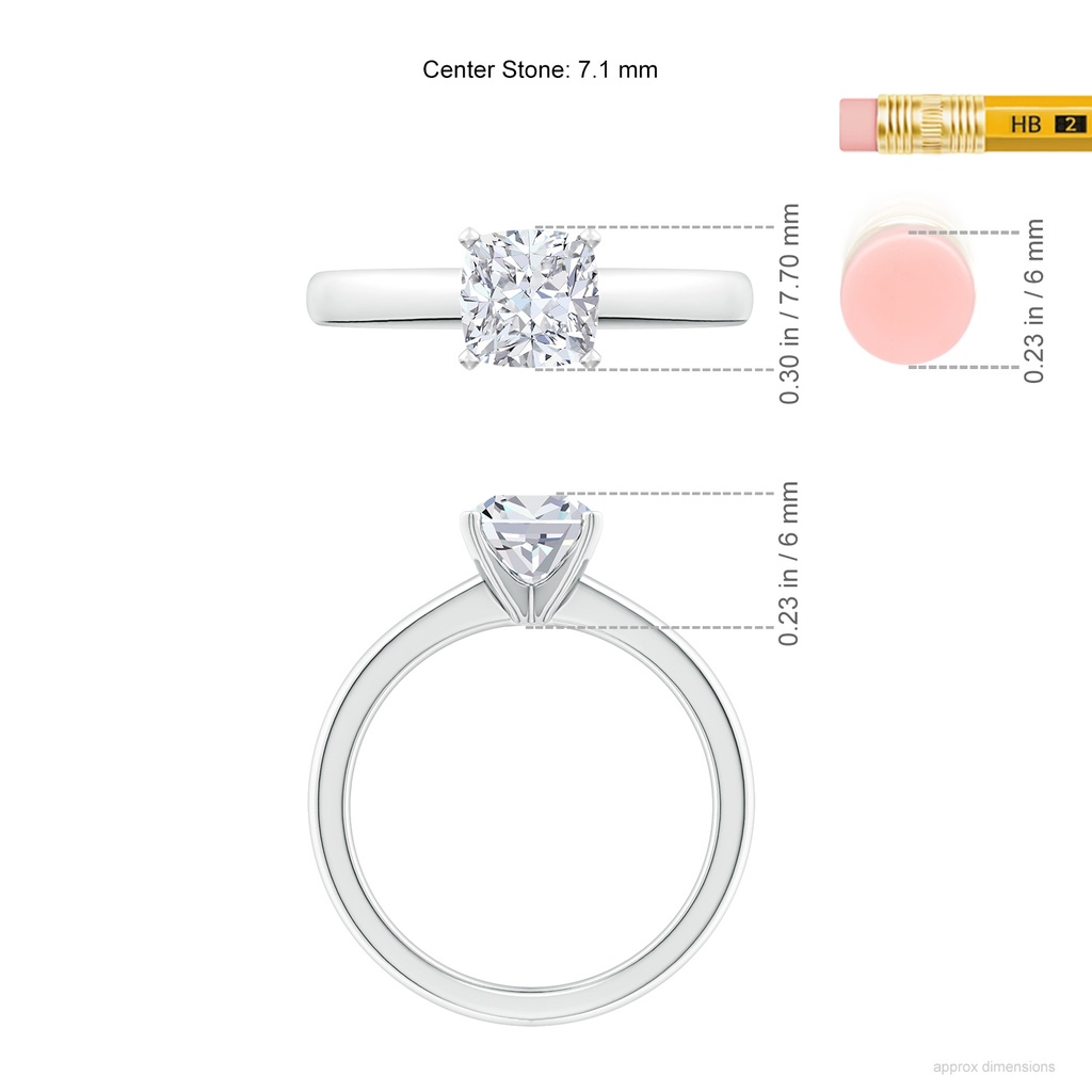 7.1mm FGVS Lab-Grown Solitaire Cushion Diamond Tapered Shank Engagement Ring in White Gold ruler