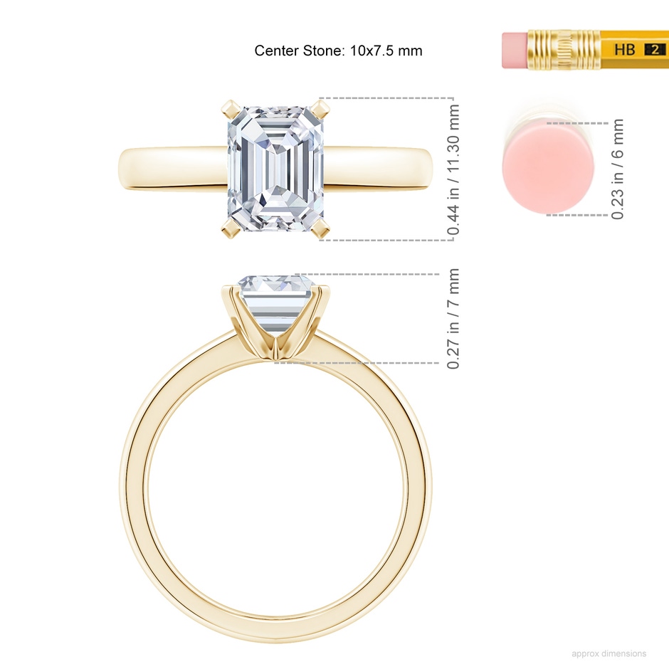 10x7.5mm FGVS Lab-Grown Solitaire Emerald-Cut Diamond Tapered Shank Engagement Ring in Yellow Gold ruler
