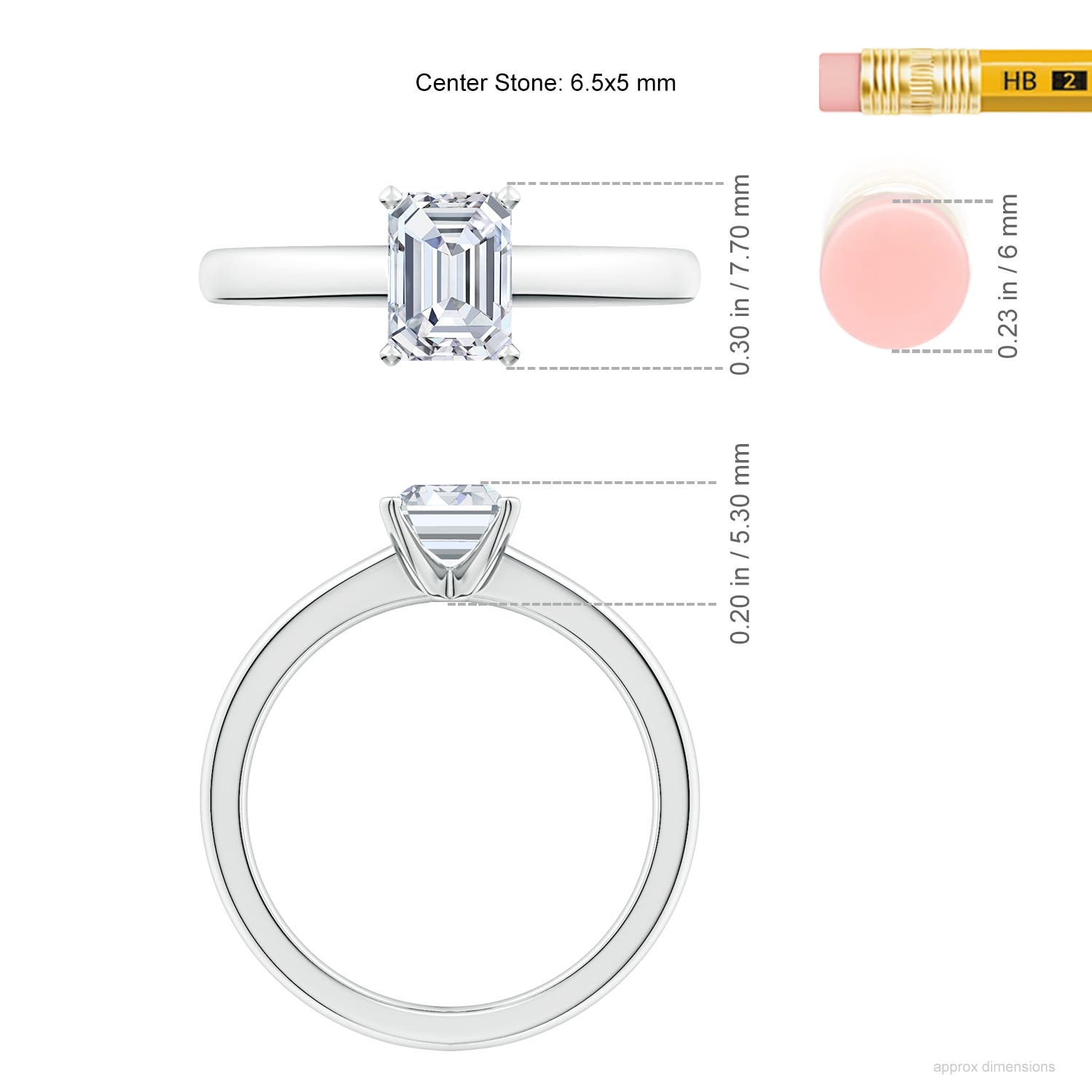 6.5x5mm FGVS Lab-Grown Solitaire Emerald-Cut Diamond Tapered Shank Engagement Ring in 18K White Gold - ruler