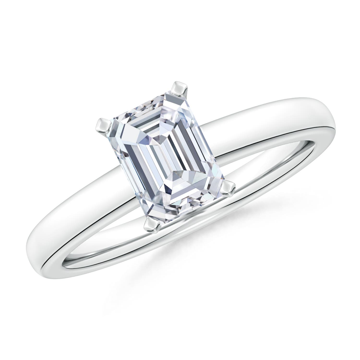 8.5x6.5mm FGVS Lab-Grown Solitaire Emerald-Cut Diamond Tapered Shank Engagement Ring in 18K White Gold