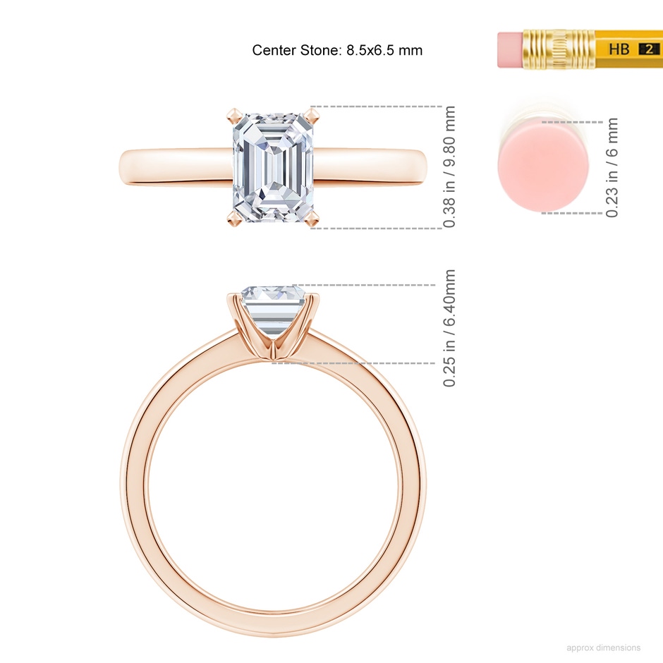 8.5x6.5mm FGVS Lab-Grown Solitaire Emerald-Cut Diamond Tapered Shank Engagement Ring in Rose Gold ruler