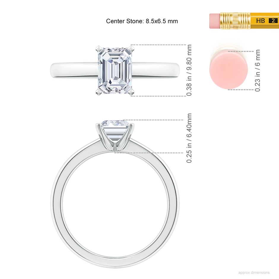 8.5x6.5mm FGVS Lab-Grown Solitaire Emerald-Cut Diamond Tapered Shank Engagement Ring in White Gold ruler