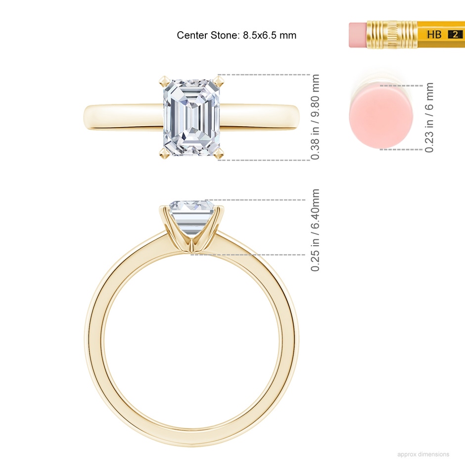 8.5x6.5mm FGVS Lab-Grown Solitaire Emerald-Cut Diamond Tapered Shank Engagement Ring in Yellow Gold ruler