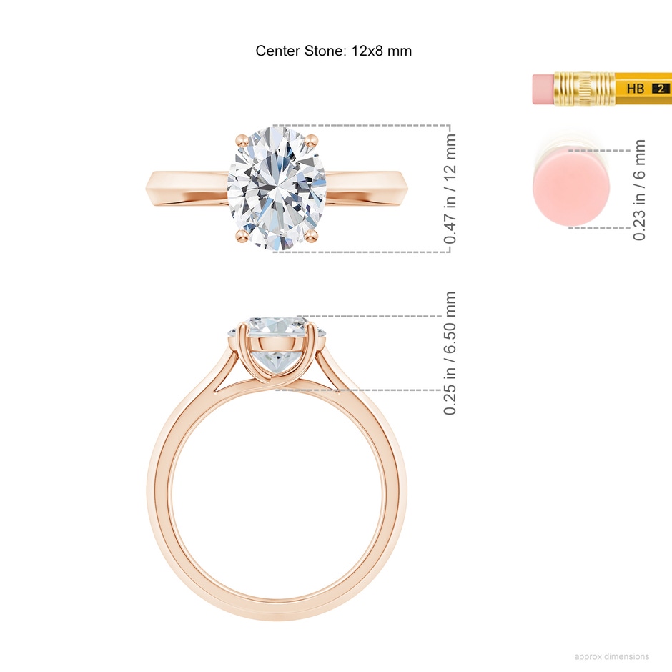 12x8mm FGVS Lab-Grown Oval Diamond Knife-Edge Shank Trellis Engagement Ring in Rose Gold ruler