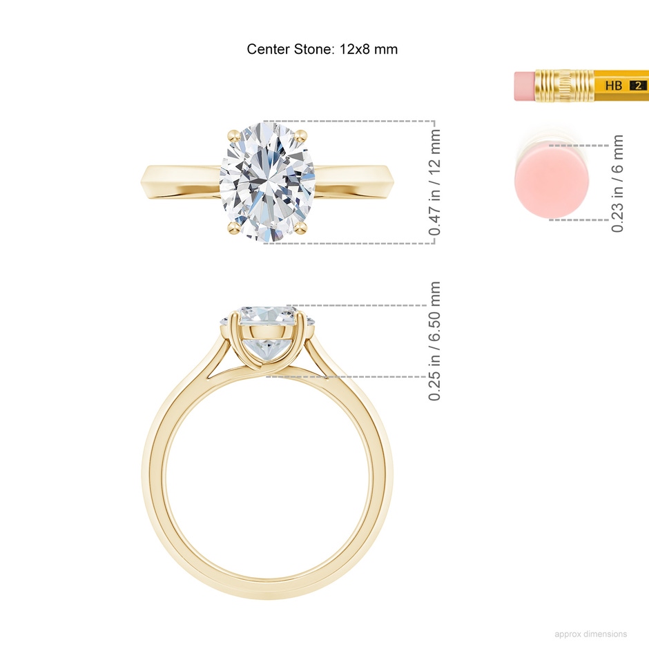 12x8mm FGVS Lab-Grown Oval Diamond Knife-Edge Shank Trellis Engagement Ring in Yellow Gold ruler