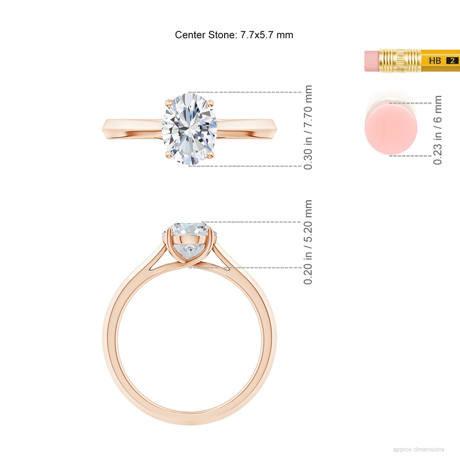 7.7x5.7mm FGVS Lab-Grown Oval Diamond Knife-Edge Shank Trellis Engagement Ring in Rose Gold ruler