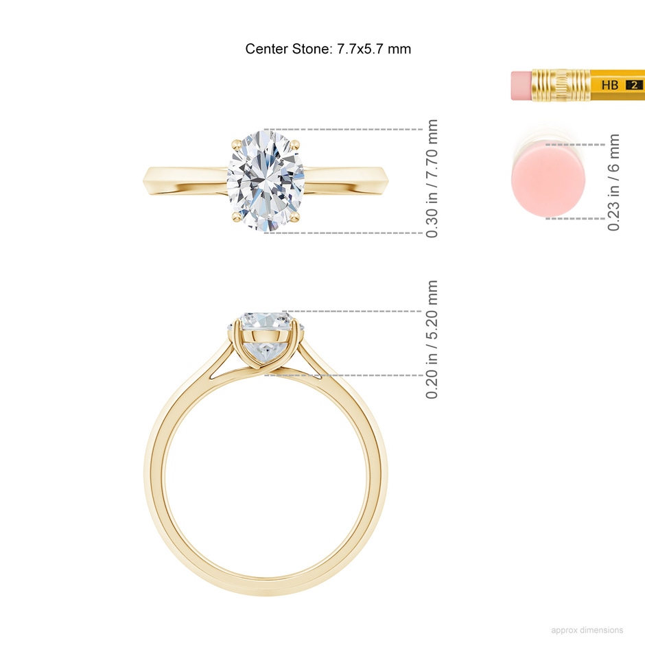 7.7x5.7mm FGVS Lab-Grown Oval Diamond Knife-Edge Shank Trellis Engagement Ring in Yellow Gold ruler
