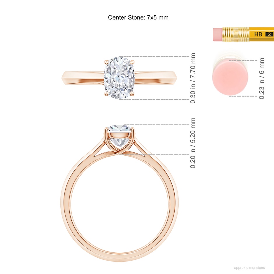 7x5mm FGVS Lab-Grown Cushion Rectangular Diamond Knife-Edge Shank Trellis Engagement Ring in 9K Rose Gold ruler