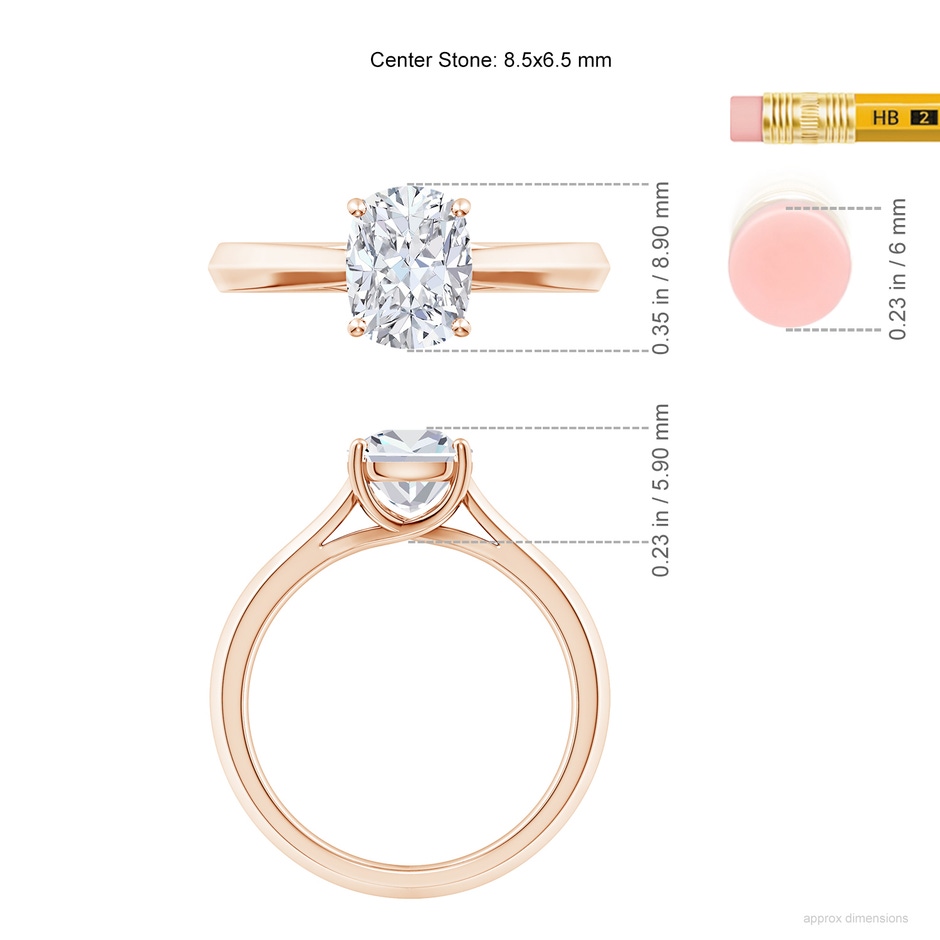 8.5x6.5mm FGVS Lab-Grown Cushion Rectangular Diamond Knife-Edge Shank Trellis Engagement Ring in Rose Gold ruler