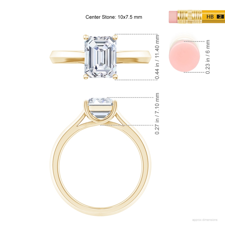 10x7.5mm FGVS Lab-Grown Emerald-Cut Diamond Knife-Edge Shank Trellis Engagement Ring in Yellow Gold ruler