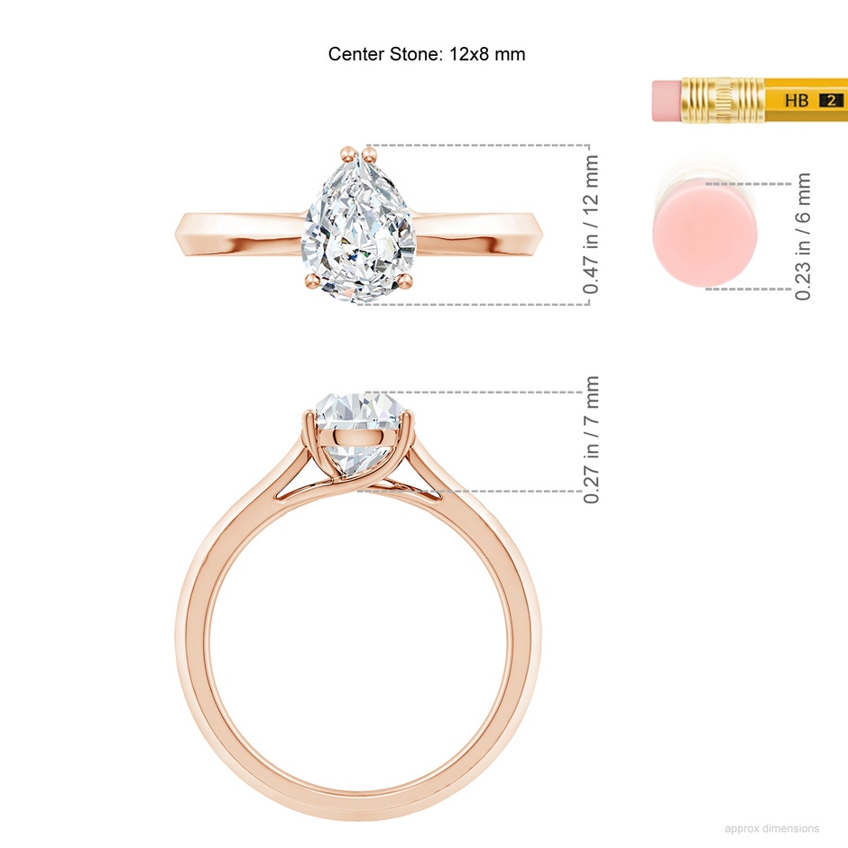 12x8mm FGVS Lab-Grown Pear Diamond Knife-Edge Shank Trellis Engagement Ring in Rose Gold ruler