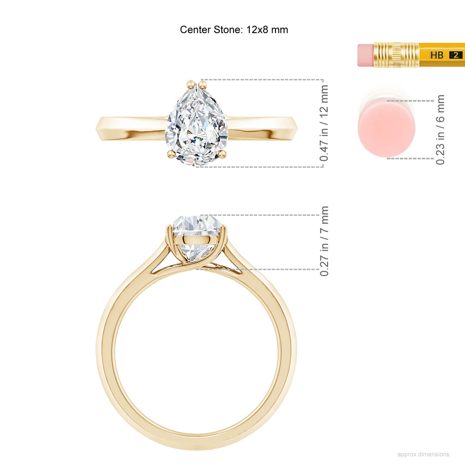 12x8mm FGVS Lab-Grown Pear Diamond Knife-Edge Shank Trellis Engagement Ring in Yellow Gold ruler