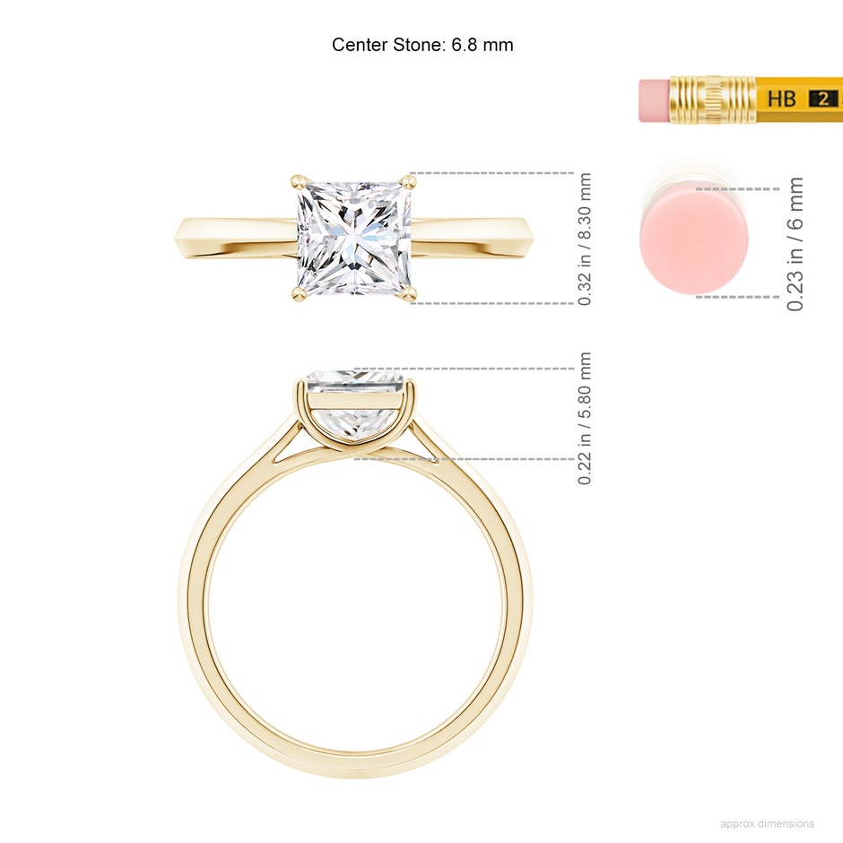6.8mm FGVS Lab-Grown Princess-Cut Diamond Knife-Edge Shank Trellis Engagement Ring in Yellow Gold ruler